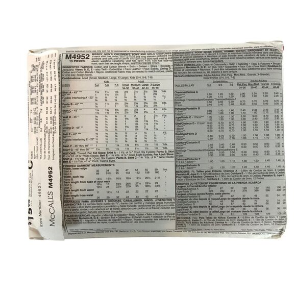 McCalls M4952 Pirate Costume Sewing Pattern Adult Sizes XS-XL 2005 - Picture 2 of 4